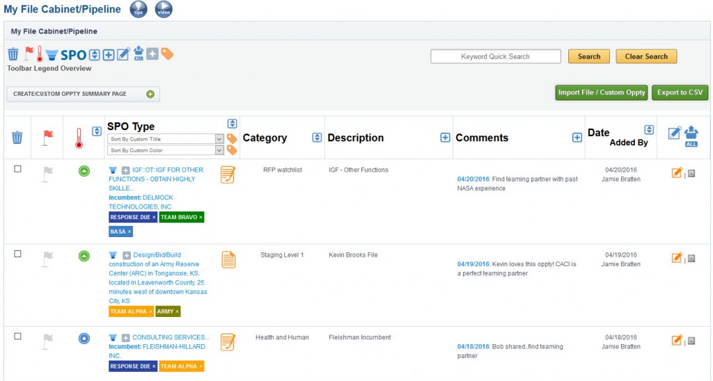 Tracking opportunities in the EZGovOpps file cabinet. 