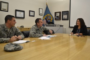 Nora Steigerwalt, Medical supply chain director of customer operations, meets with Air Force medical service corps officers at DLA Troop Support.